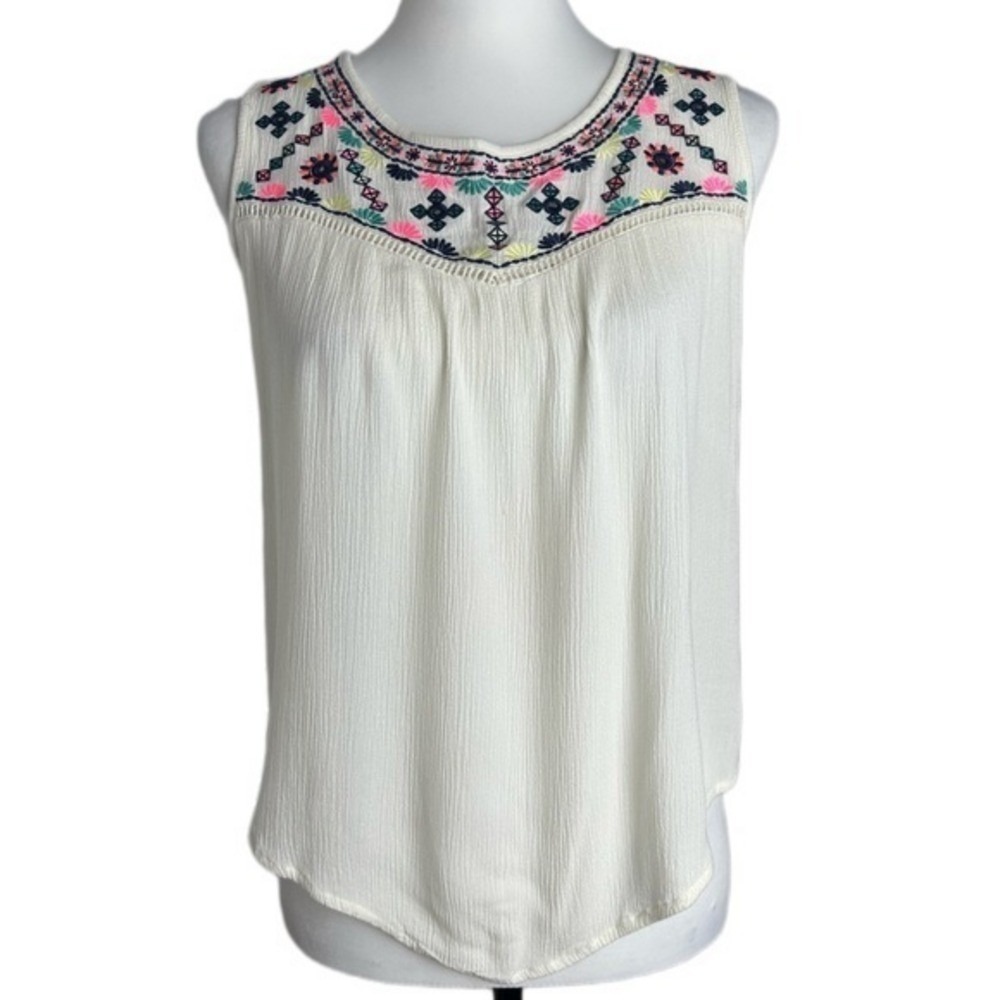 Xhilaration Boho Embroidered Gauze Tank Top Cream Womens Small‎